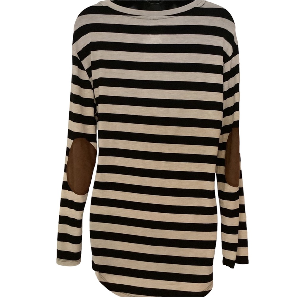 Ladies sz. S black striped shirt with brown suede elbow patches
